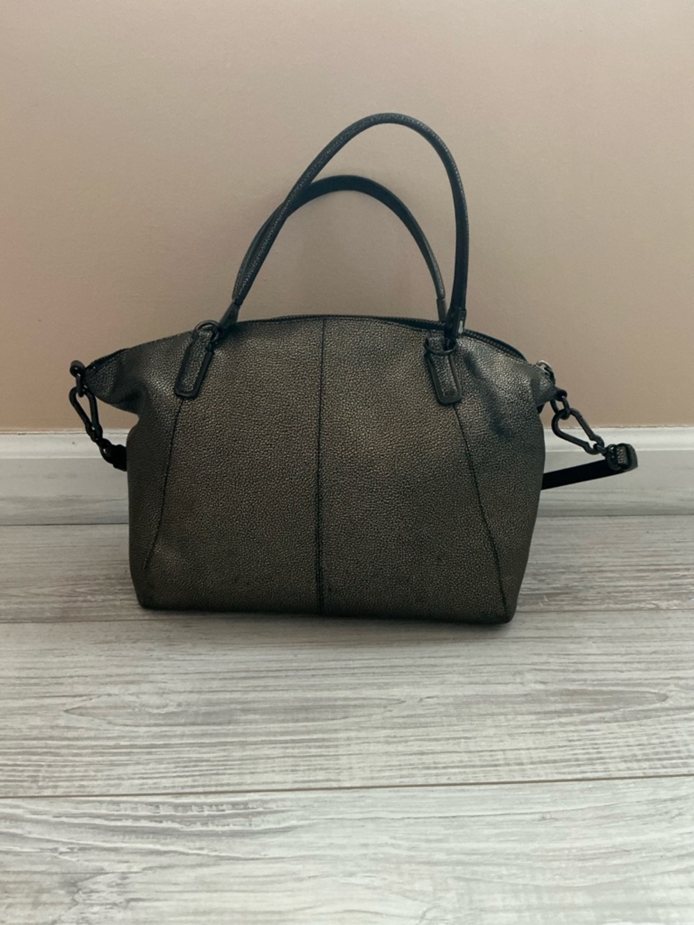 Coach Metallic Gunmetal Pebbled Leather Satchel with Strap - Picture 3 of 10